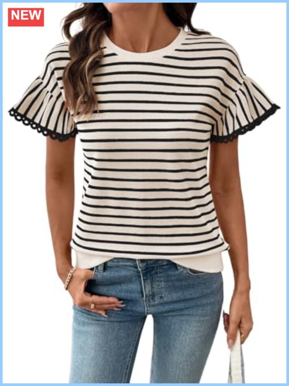 Rib Knit Ruffle Sleeve Striped Top Loose Fit Peasant Blouse